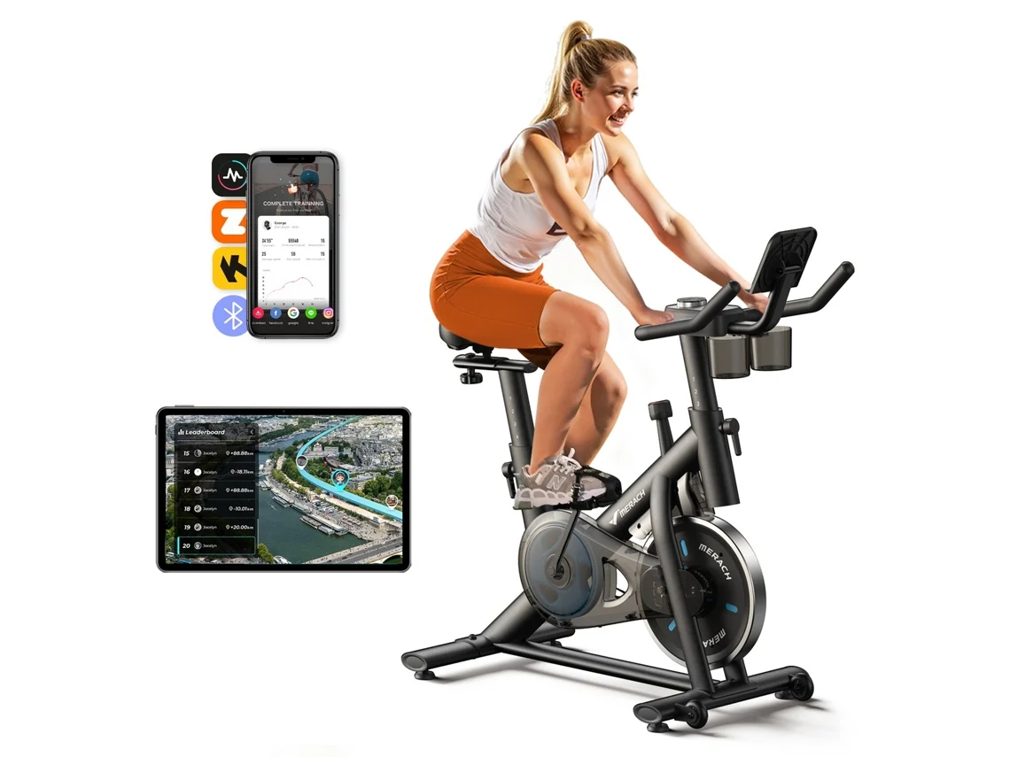 Bicicleta estática MERACH, Bluetooth/APP, monitor LED, volante de inercia de 6 kg, portavasos doble, ergonomía premium, soporte para tablet (tablet no incluida)