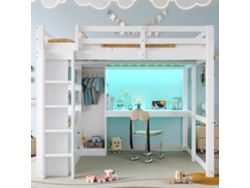 Cama Alta 140x200 - 2 Cajones, Estantes, Escritorio Inferior, Led Y Usb - Blanco