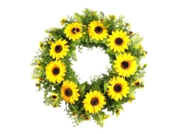 Corona de girasol artificial amarilla para decoración del hogar.