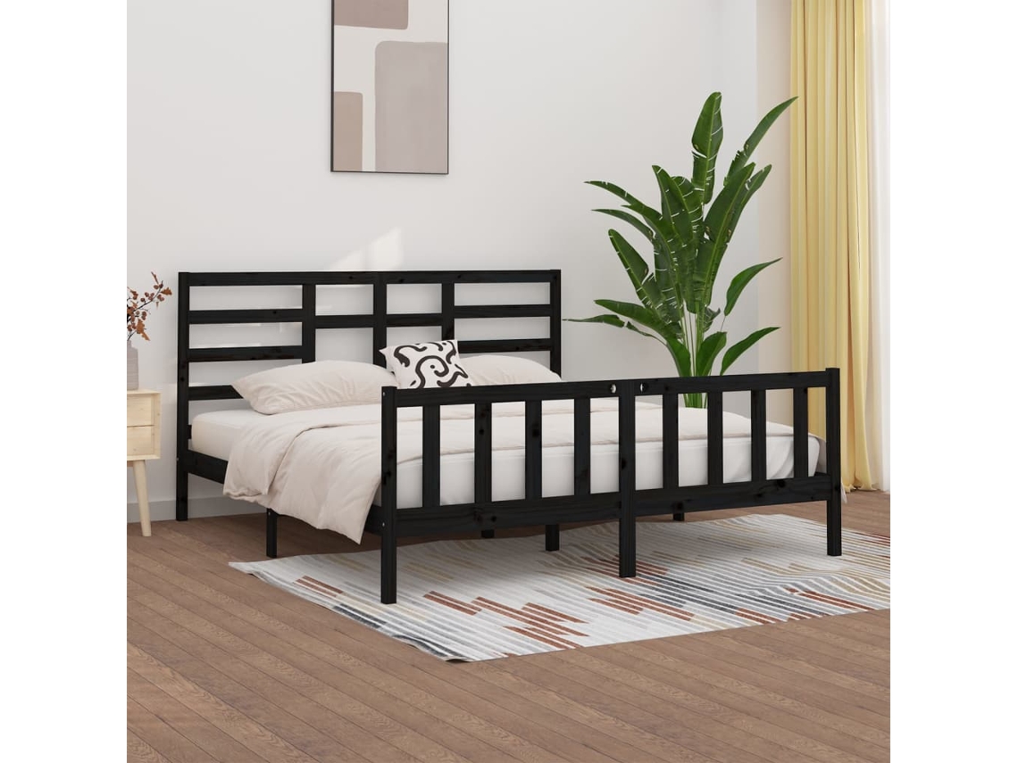 Estructura De Cama De Madera Maciza De Pino Negra 200x200 Cm