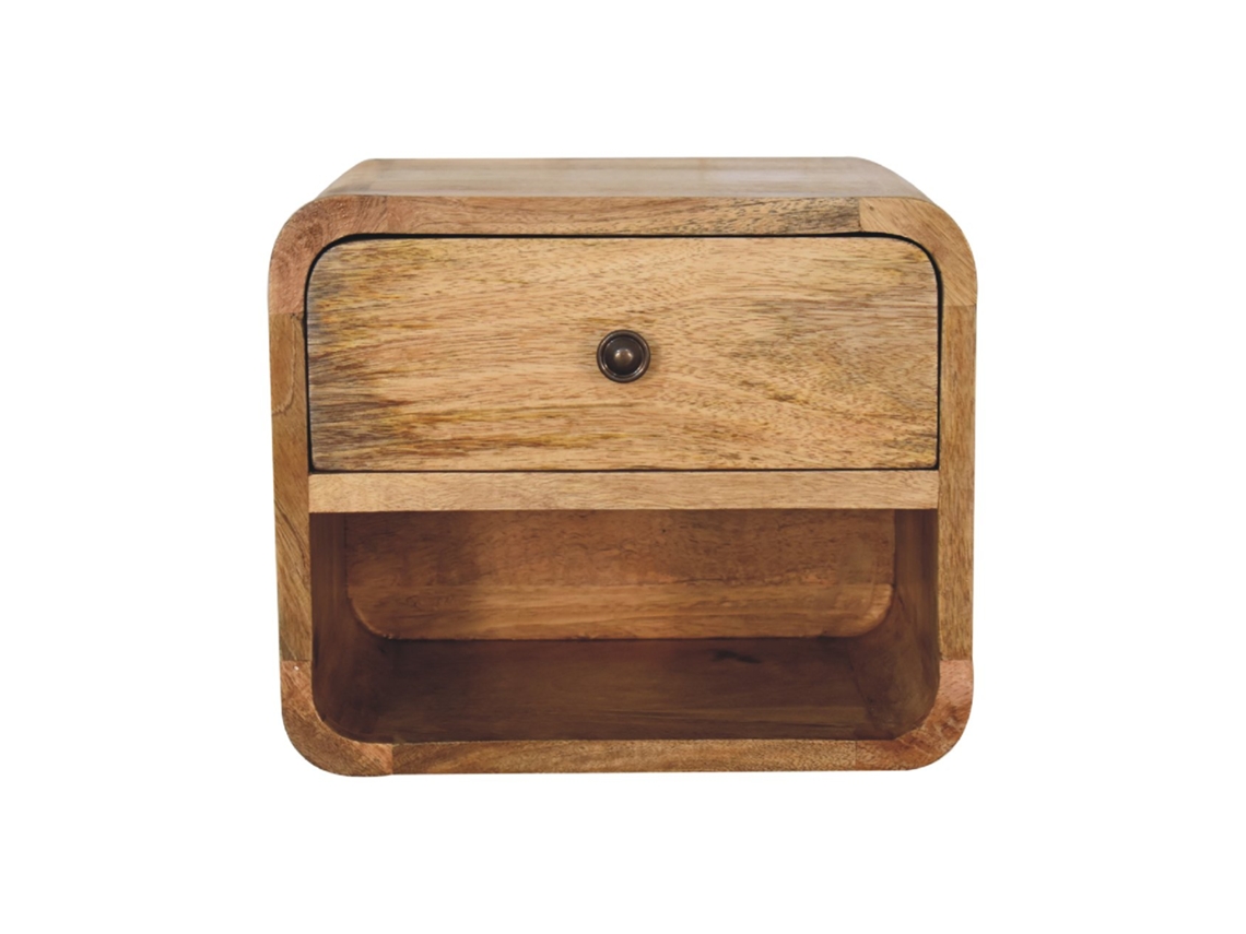 Mini mesita de noche flotante de madera maciza, 1 cajón y 1 estante abierto, roble, marrón, muebles artesanales
