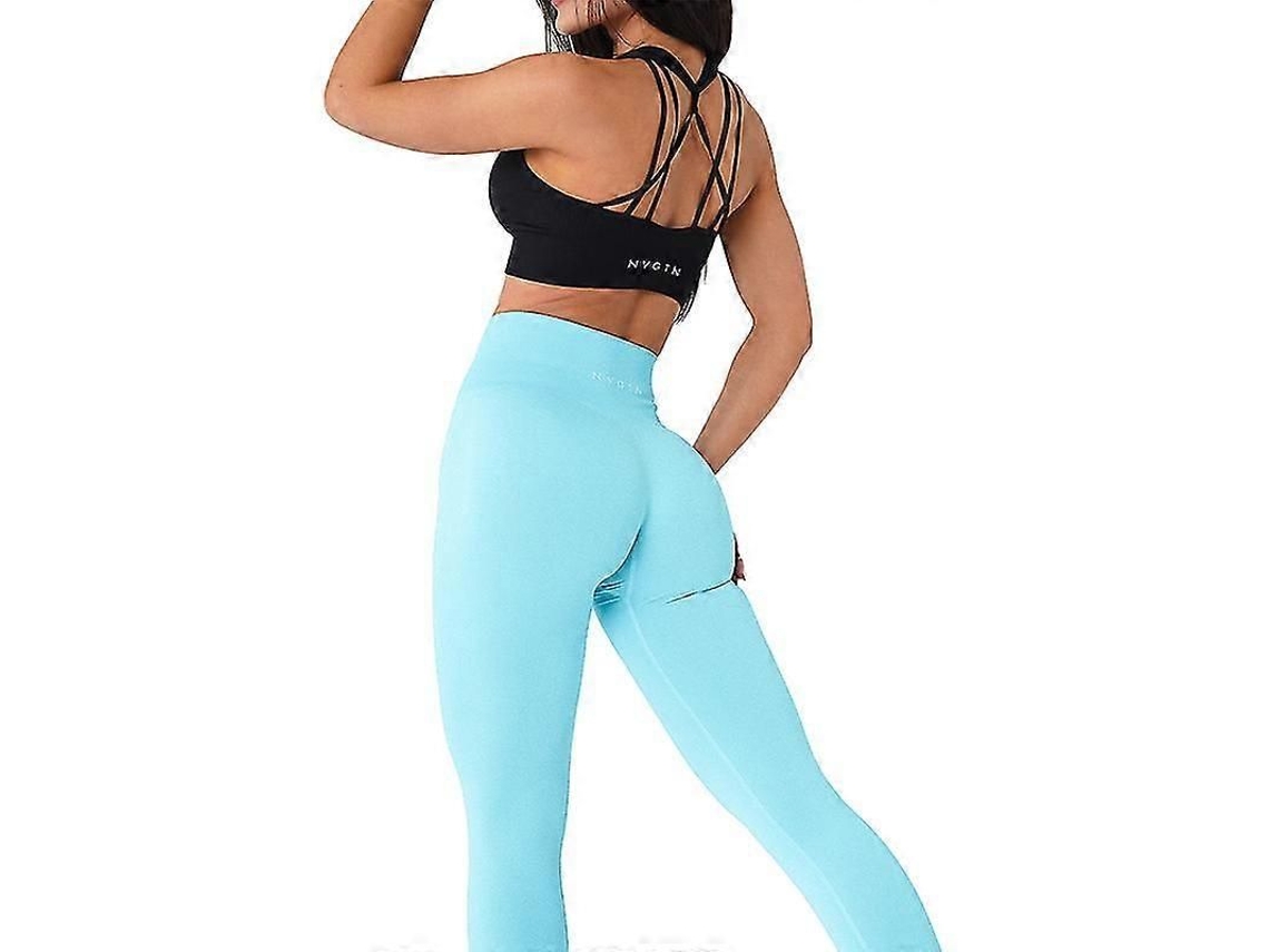 Leggings Sem Costuras Para Mulher Esporte Elásticos De Algodão Suave Alto Tornozelo Levanta Bumbum Azul Claro