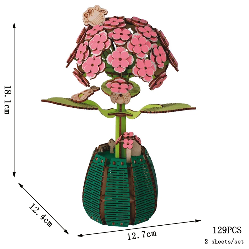 (hortensia) Rompecabezas 3d De Madera Para Armar Con Ramo Preservado.