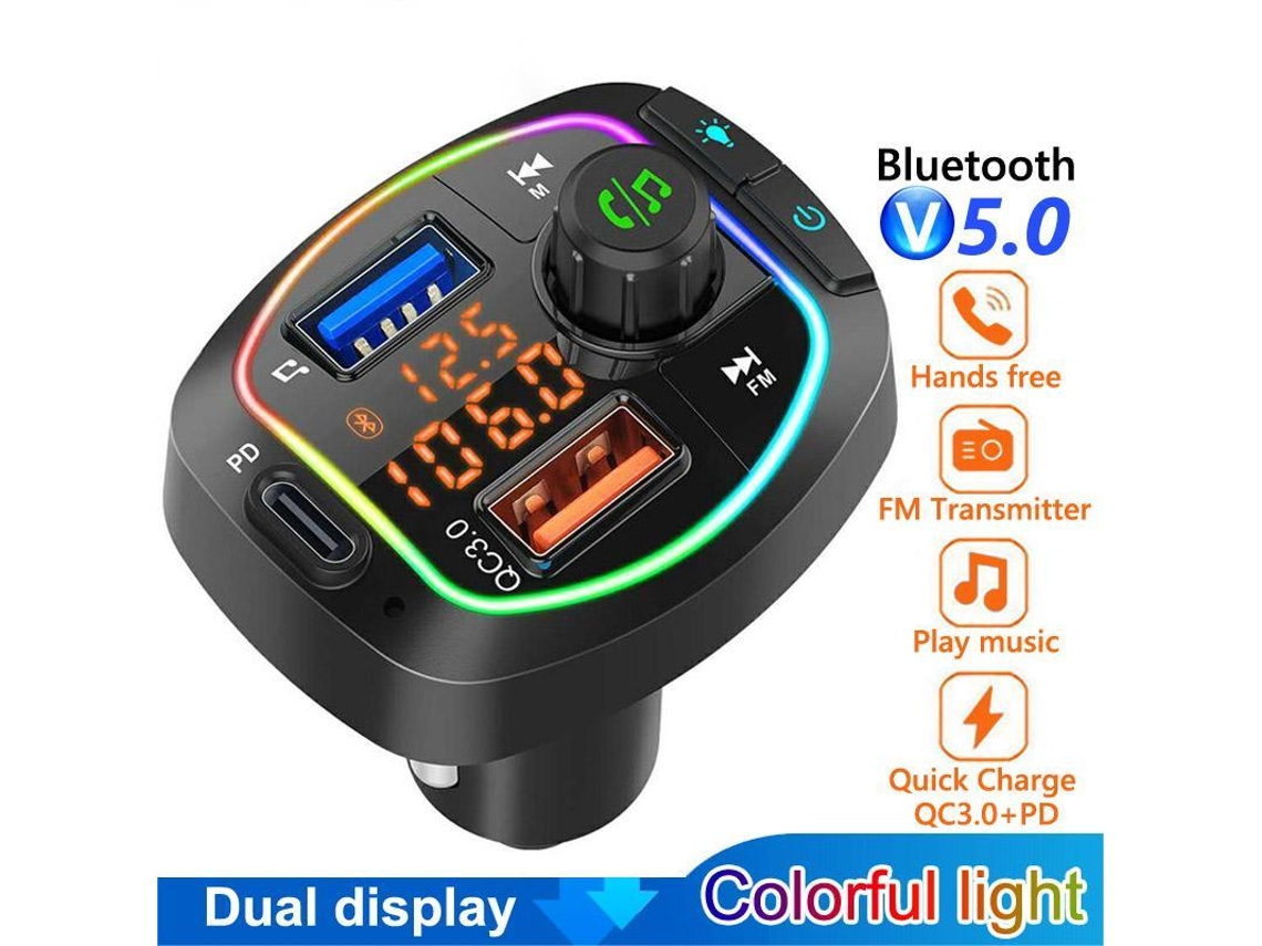 Kit de coche Bluetooth 5.0 Transmisor FM inalámbrico manos libres Pantalla dual Reproductor de MP3 para coche con carga rápida PD18W QC3.0 (Preto) ENZONS