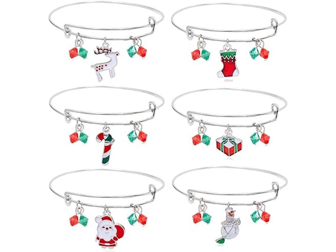 Pulseras Navideñas Para Mujer, 6 Hermosas Pulseras Rojas Y Verdes, Pulseras Con Dijes Ajustables.