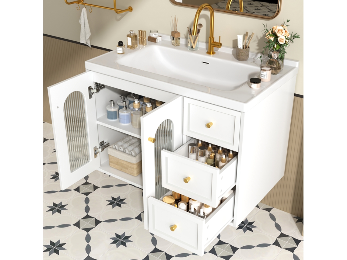 Mueble Baño Suspendido 80 Cm Con Lavabo Cerámico, 2 Cajones Y Armario Vidrio - Blanco