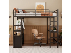 Litera Mezzanine 90x200cm, Escritorio, Puerto Usb, Almacenaje, Barandilla, Escalera, Marco Metálico, Capacidad 120kg, Sin Colchón, Negro