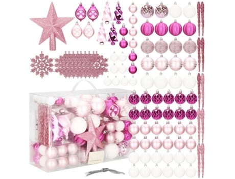 Bolas de Navidad 100 Pcs Incluindo Ornamentos de Ponta de Estrela Para O Topo Da Árbol de Navidad. Decorações de Natal. Cor: Rosa / Blanco