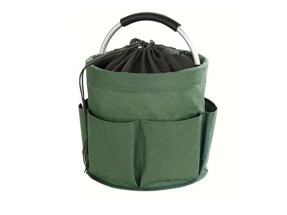 Cesta Portátil De Jardín, 6 Bolsillos Y Cordón, Tela Oxford Con Asa Cómoda. Para Jardinería, Picnic Y Viajes, Verde Militar.