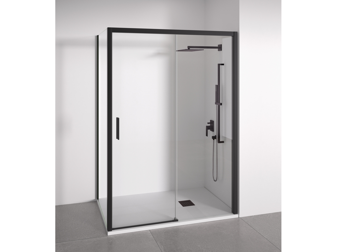 BELLOBATH Mampara de Ducha Angular 1 Corredera + 2 fijos Cristal 6mm antical Negro Mate Ancho Adaptable 150-155x72-75 cm Puerta derecha