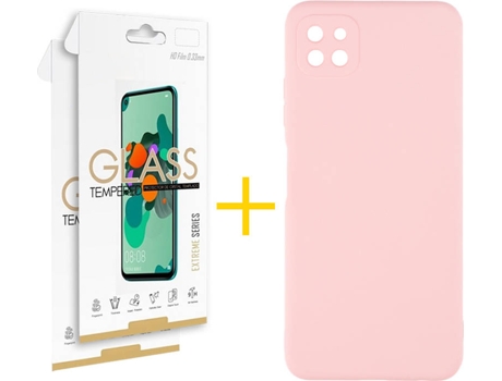 Funda y Protector 2x de Vidrio Samsung Galaxy A22 5G SKYHE Silicona Líquida Rosa Crema