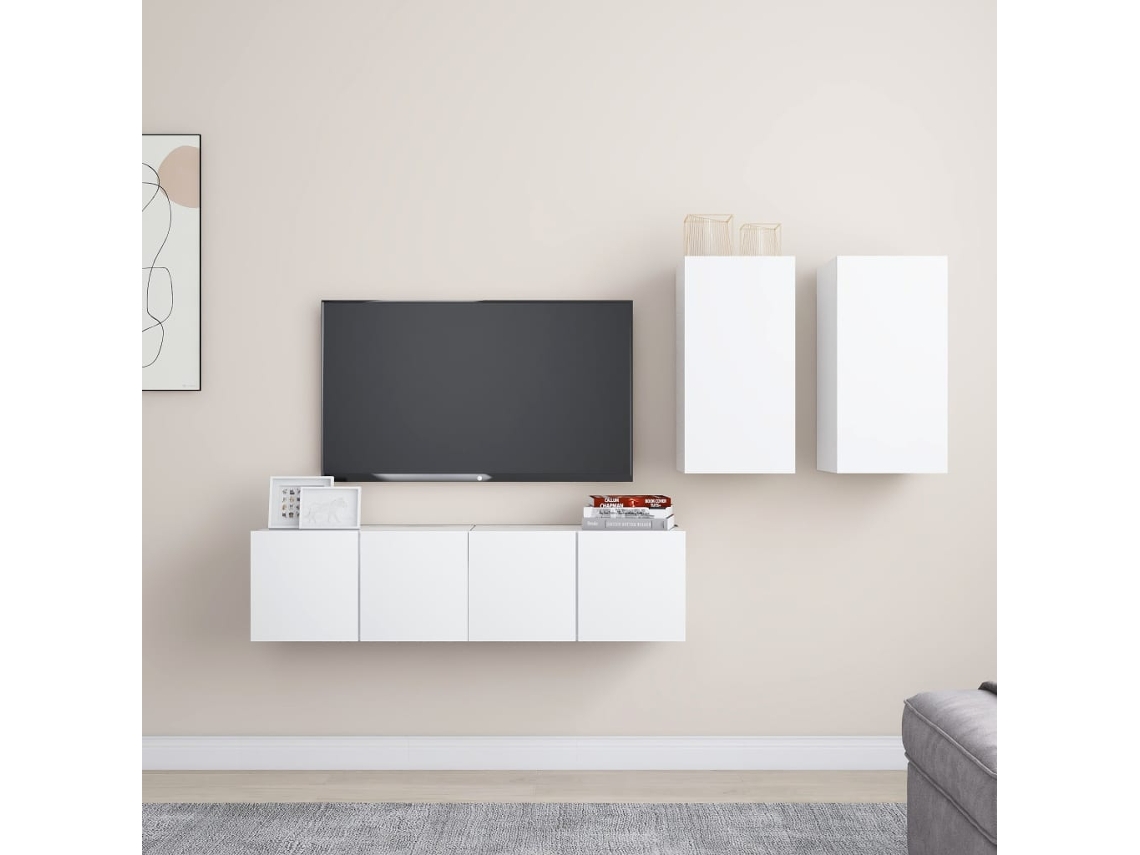 Juego de 4 Piezas de Muebles de Tv de Madera Contrachapada de Derivado Blanco