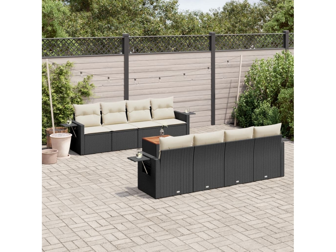 Conjunto de sofá de jardín de 9 piezas con cojines, ratán negro, Dkd Home Decor