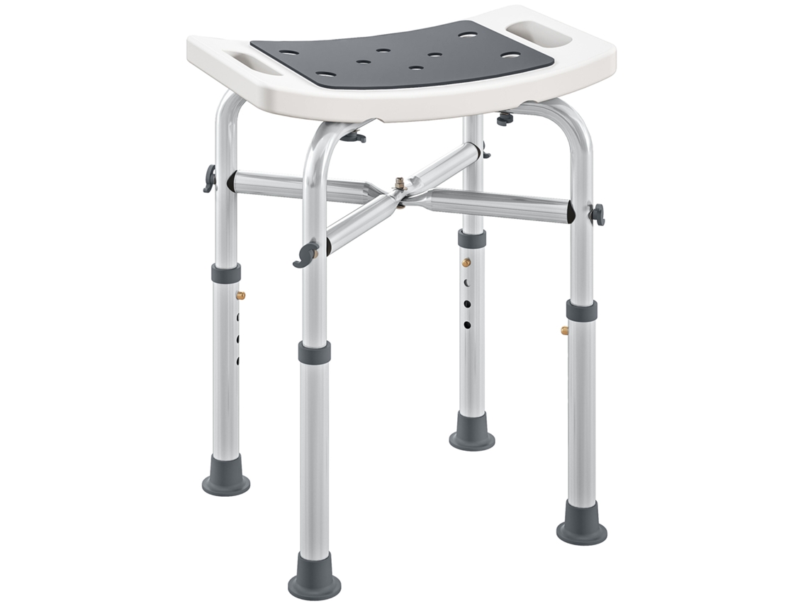 Taburete/silla de ducha con asiento acolchado y ajustable, patas antideslizantes con ventosas, en aluminio gris.