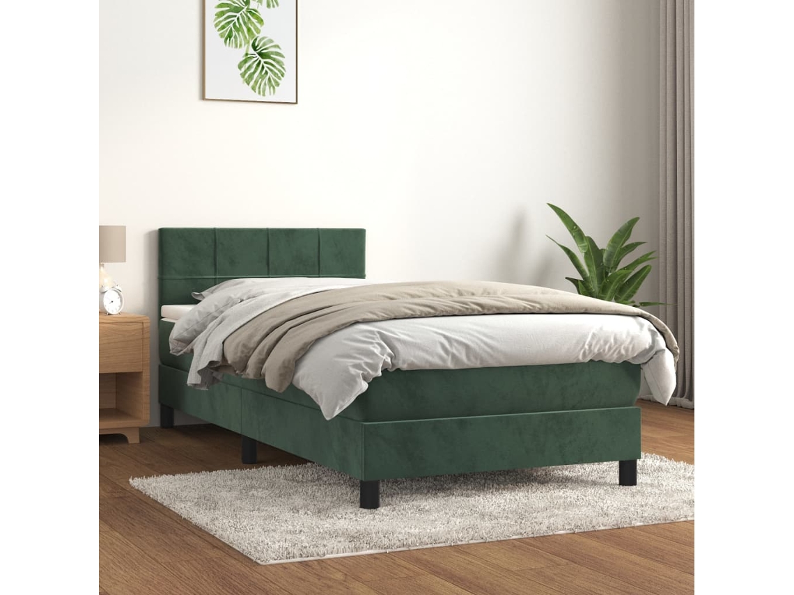 Cama Box Spring Con Colchón Terciopelo Verde Oscuro 90x190 Cm