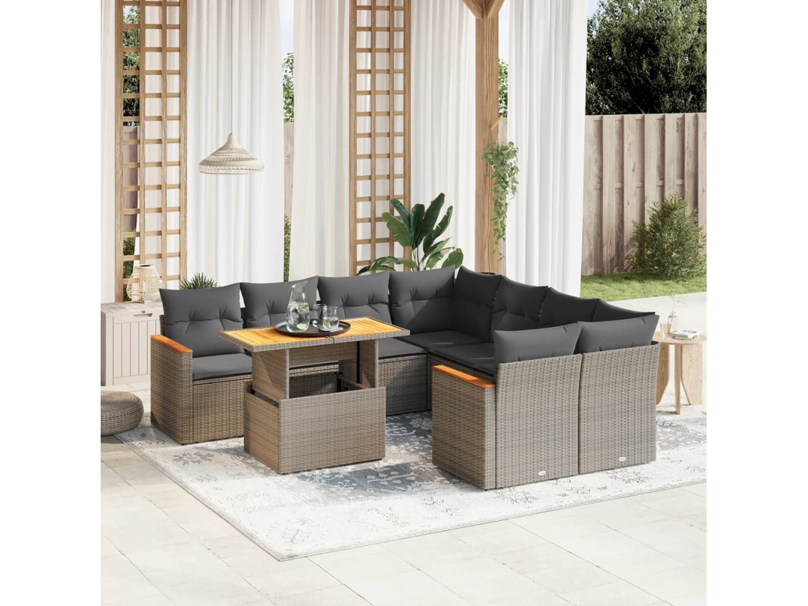 Conjunto de sofá de jardín de 9 piezas con cojines de mimbre gris de DKD Home Decor