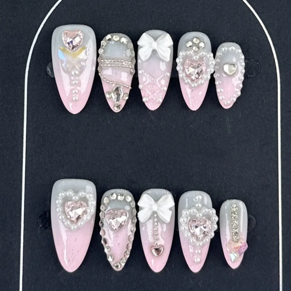 (g002-s) Set De 10 Uñas Postizas Hechas A Mano Con Forma De Almendra Y Adhesivos Para Uñas.