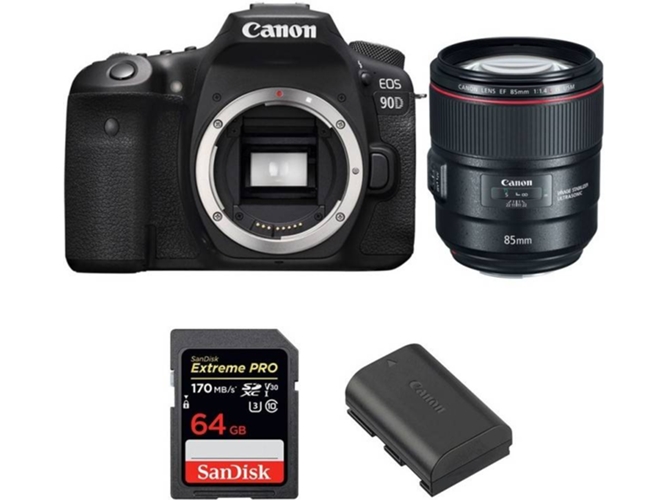 Kit Cámara CANON EOS 90D + EF 85mm f/1.4L IS USM + SanDisk 64 GB + Batería (APS-C)