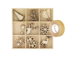 Set 27 mini decoraciones de madera de Navidad Masking tape dorado con brillo 5 m