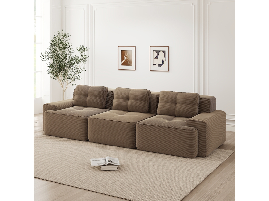 Sofá Modular 3 Plazas - Cloud, Profundo Y Cómodo De Terciopelo Acanalado, Montaje Libre - Marrón