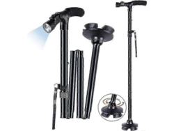 Bastón plegable con luz LED, Versailles, ajustable en altura, para personas mayores, plegable y portátil - Negro