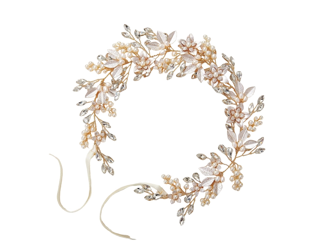 Alianza de boda con cristales y hojas de flores, accesorio para el cabello de novia con perlas (plata)