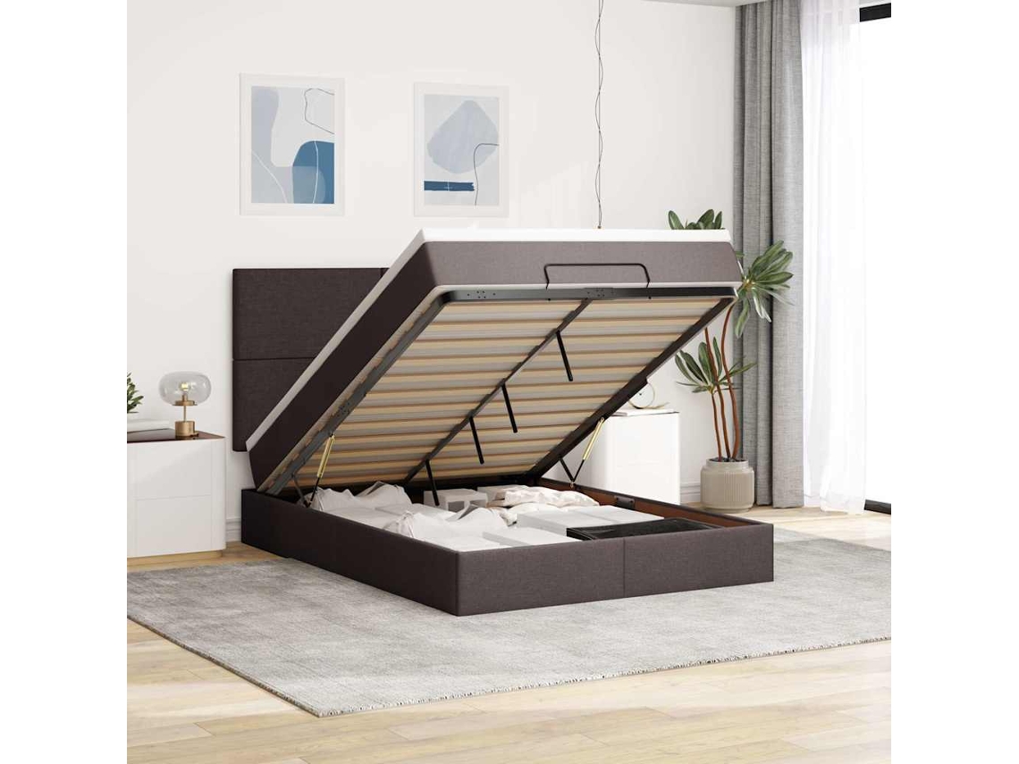 Estructura Cama Otomana Colchón Tela Marrón Oscuro 140x190cm