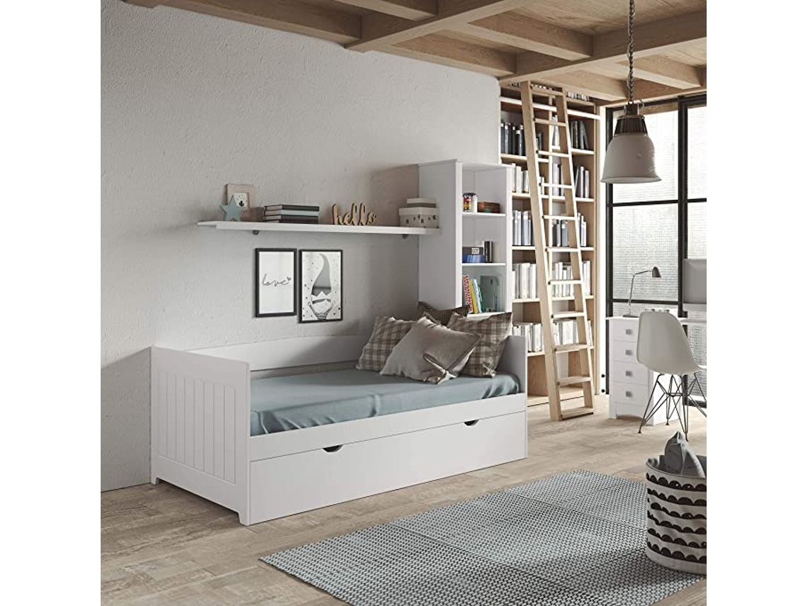 VENPRODIN Cama Doble Joven Lacada en Blanco con Cajón
