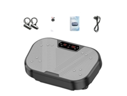 Plataforma vibratoria, velocidad ajustable, superficie antideslizante, color gris.
