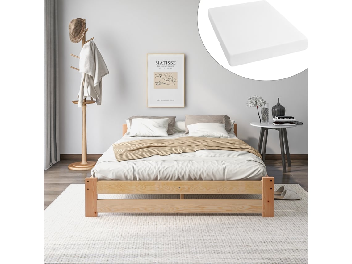 Cama Futón De Madera Maciza Natural De 200x140cm Con Colchón.