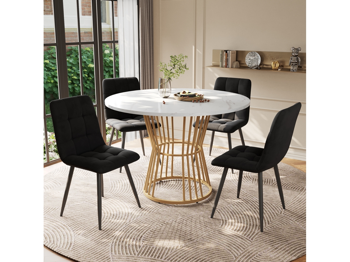 Juego De Mesa De Comedor 5 Piezas, Mesa Redonda 100 Cm Con Patas Doradas, Tablero Mdf Blanco, Sillas De Terciopelo Negro
