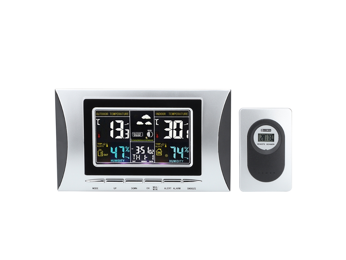 Termómetro higrómetro digital LCD TS-102G con visualización de temperatura, humedad, calendario y hora.