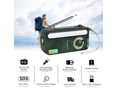 Radio de Emergencia HURRISE Radio Portátil con Manivela Solar Am Fm WB Radio Dinamo Multibanda con Función de Video Separada