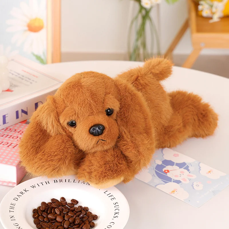 Lindo perrito de peluche reclinado, juguete de peluche suave MDUG (marrón, 30 cm)