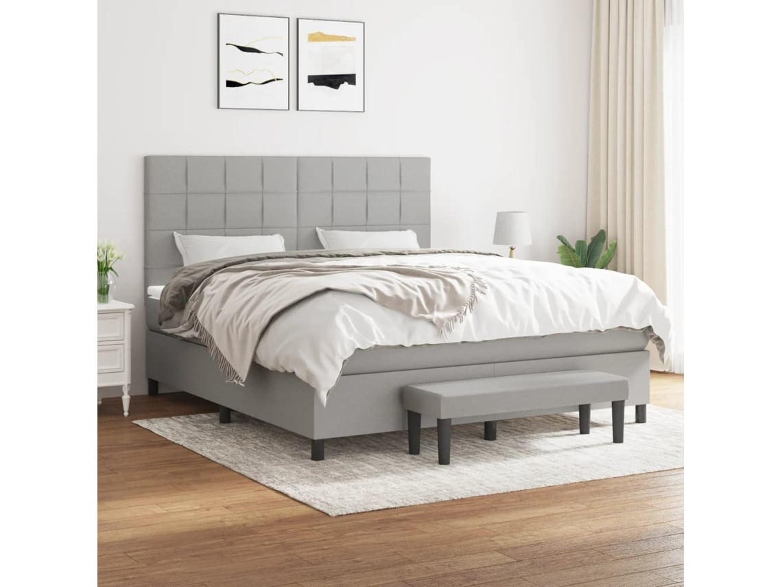 Cama Box Spring Con Colchón Tela Gris Claro 180x200 Cm