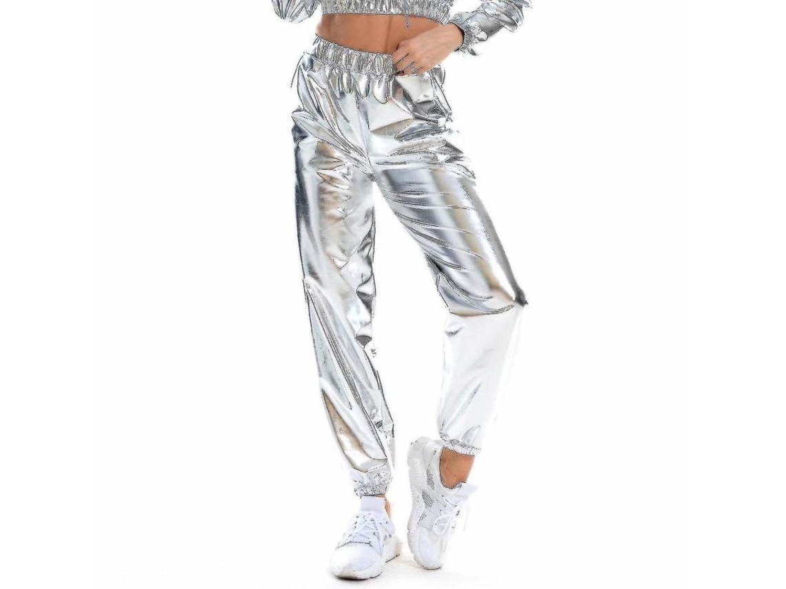 Calças holográficas femininas da moda 2026, estilo casual e descolado para balada e rua, Dkj S Prata