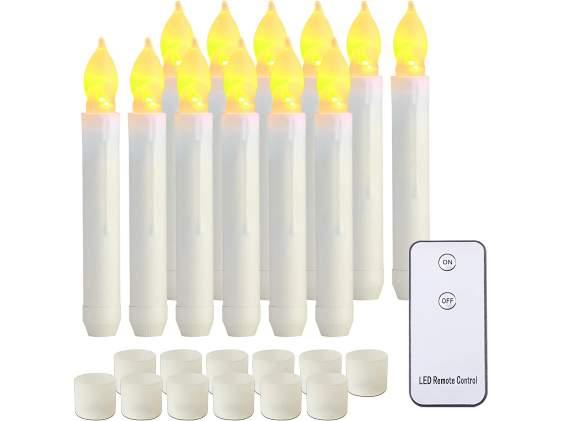 Velas Led Cónicas A Pilas Con Mando A Distancia, Luz Parpadeante, Juego De 12 Velas Artificiales De Color Amarillo Cálido.