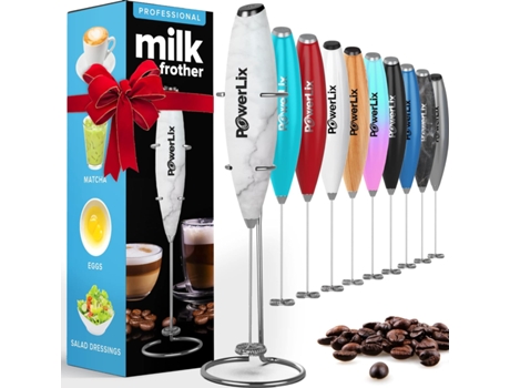 POWERLIX Espumador de Leche Eléctrico de Mano Batidora Leche Espuma Con Soporte de Acero Inoxidable 15-20S Potente 19000 Rpm Batidor para Café