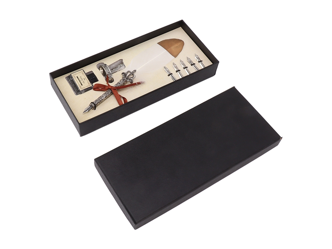 Juego de plumas de pavo real antiguo real Baok-set con 5 plumas intercambiables y tintero para hombres y mujeres.