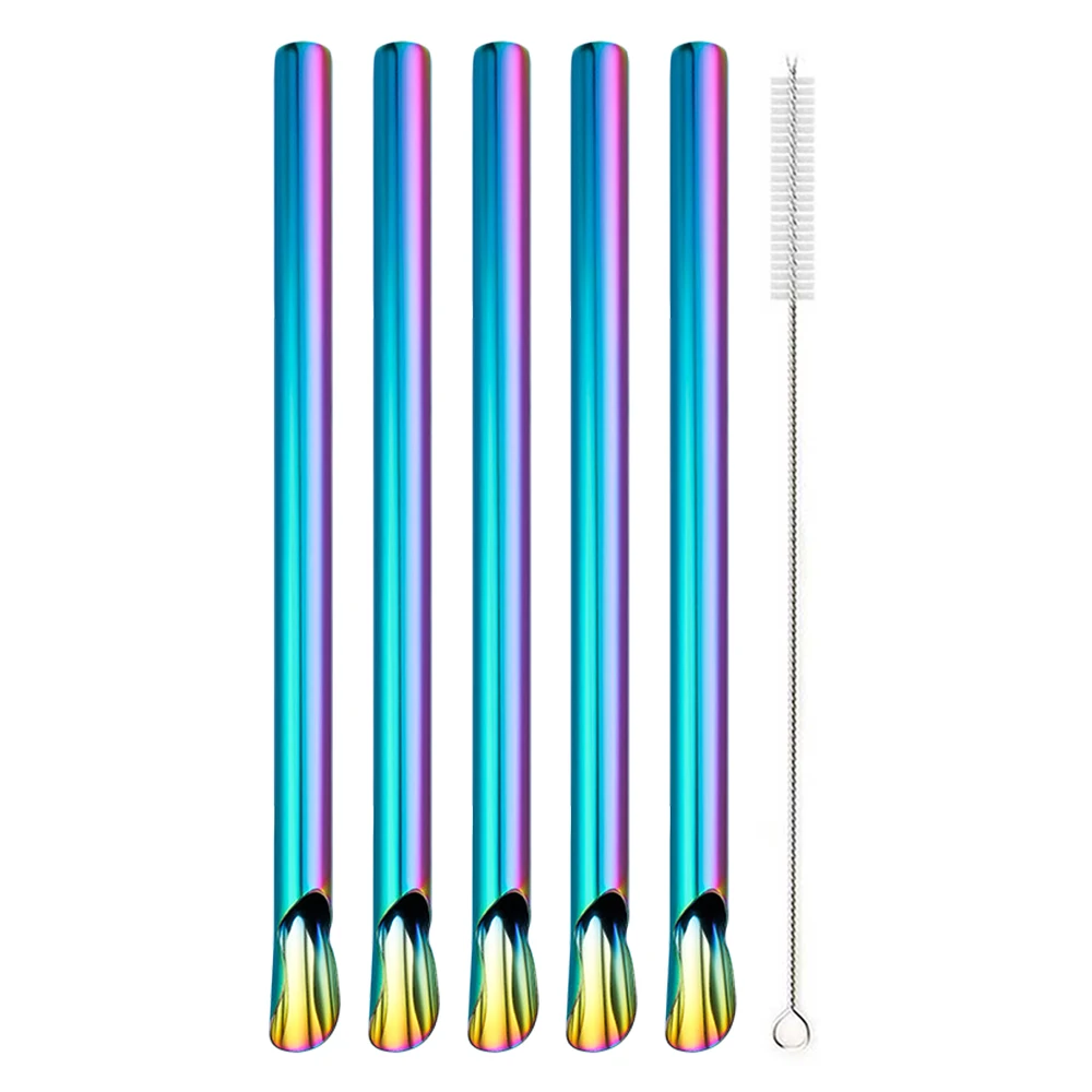 6 pajitas reutilizables de acero inoxidable para té de perlas y batidos, con cepillo, forma de cuchara, ideales para batidos arcoíris Aeuzwr