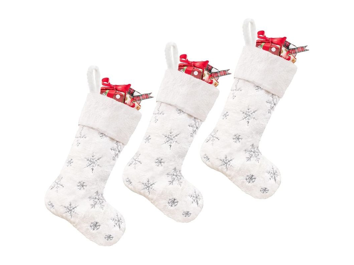2026-3 Calcetines Navideños Blancos De Pelo Falso Con Lentejuelas Plateadas Para Decoración Familiar Niños