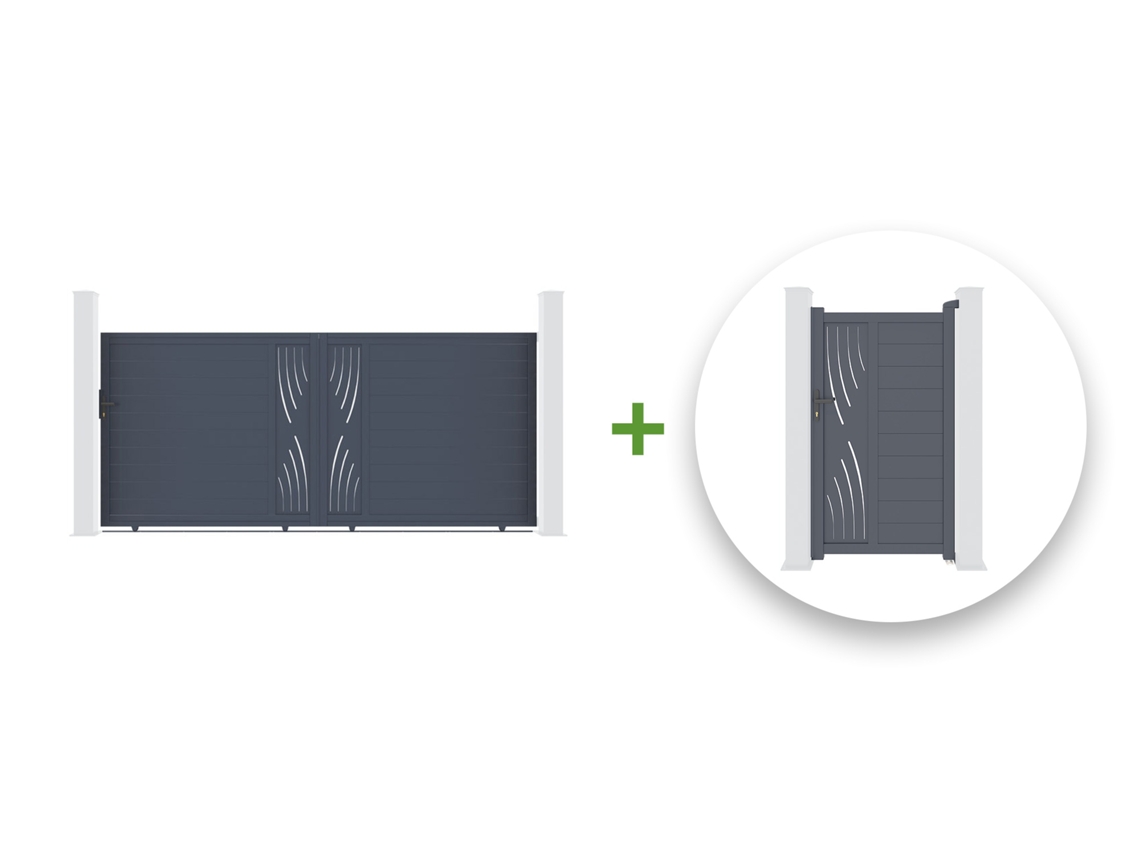 Pack puerta corredera 3.5m veleta A.180cm + puerta peatonal 1m A.180cm