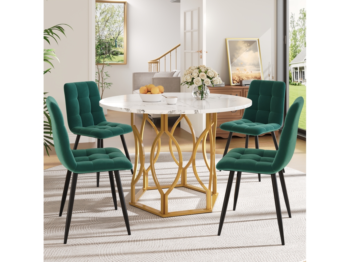 Conjunto Mesa Y Sillas 5 Piezas 100 Cm - Mesa Redonda Con Patas Metálicas Doradas, Sillas De Terciopelo Verde - Multicolor
