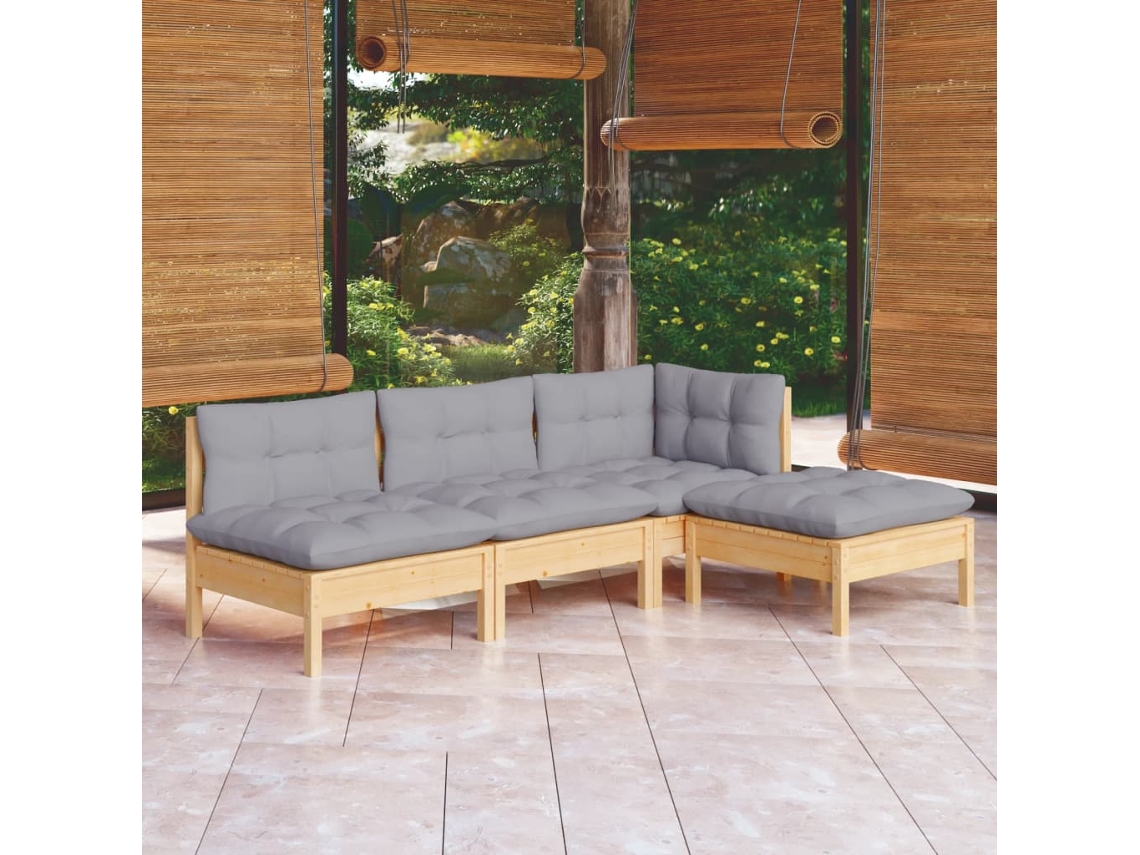 Conjunto de muebles de jardín con cojines de pino gris, Dkd Home Decor