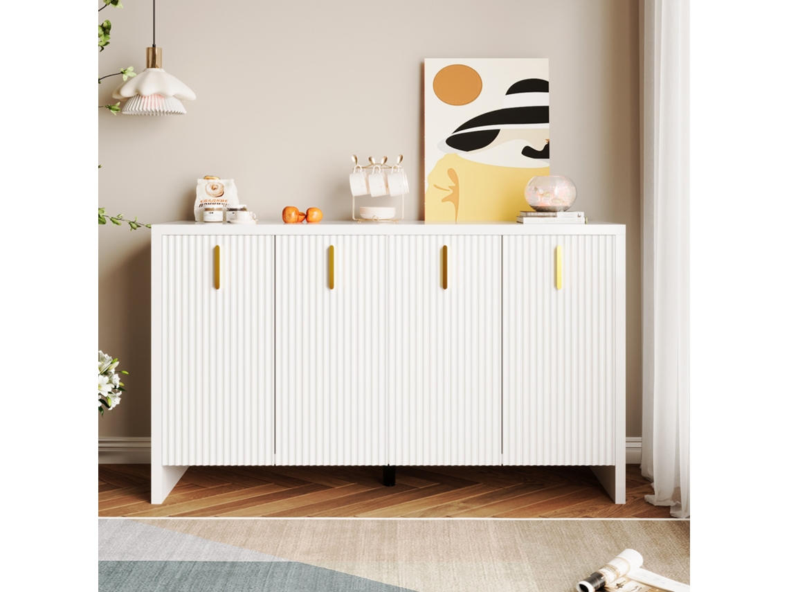 Aparador 140x38x80 cm Diseño Minimalista, Con Asas Doradas Y Divisores Ajustables Estilo Blanco