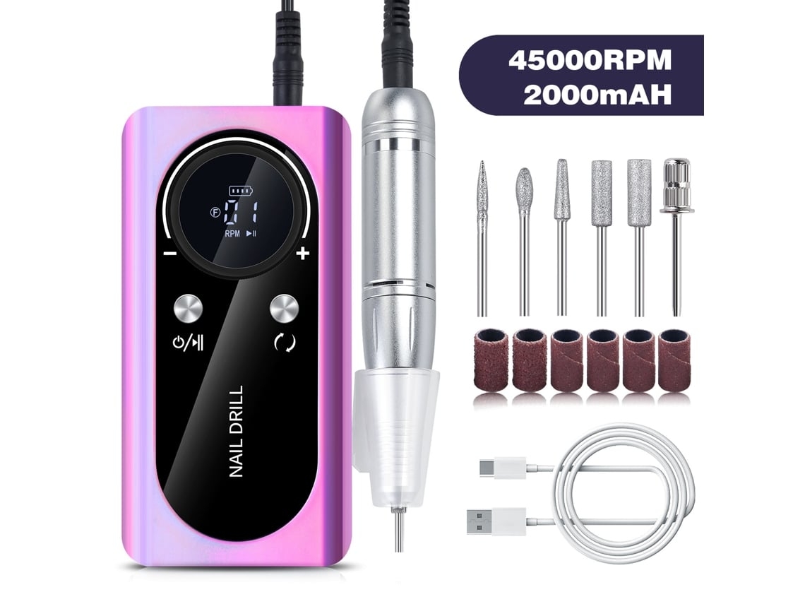 Lima de uñas eléctrica portátil de 45000 RPM, taladro de uñas inalámbrico de bajo ruido con pantalla LCD morada Yunzii