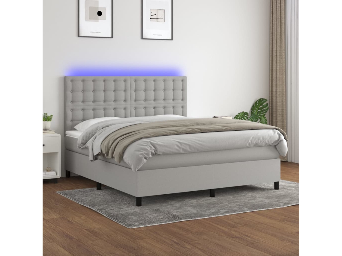 Cama Box Spring Colchón Y Luces Led Tela Gris Claro 180x200 Cm