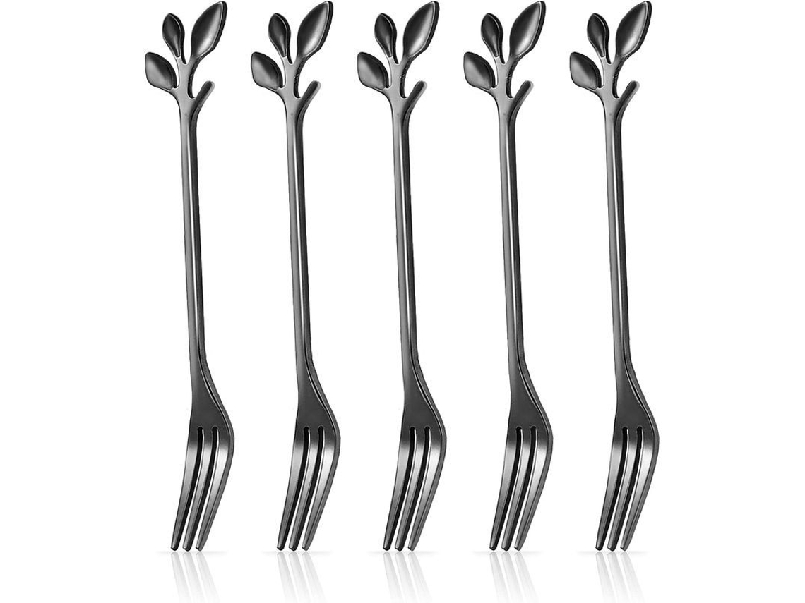 2026da-5 Tenedores De Postre Negro, 12 Cm Acero Inoxidable, Diseño Hoja, Utensilios Para Fiesta Boda Cocina