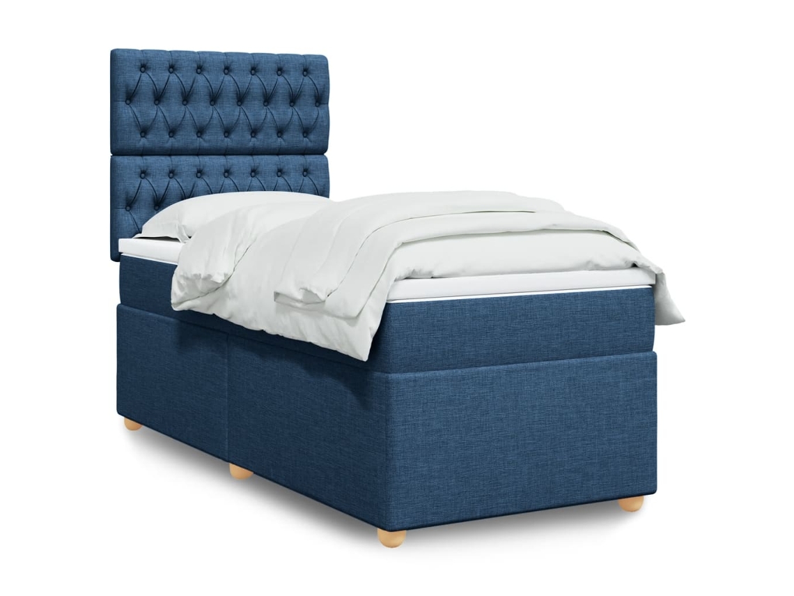 Cama Box Spring Con Colchón Tela Azul 90x190 Cm