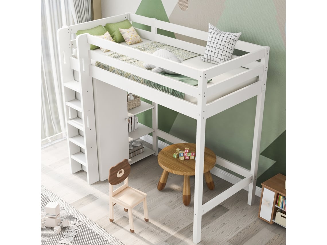 Beliche Infantil 90x200, Cama De Solteiro Com Guarda-roupa E 6 Prateleiras, Branca, Durável, Sem Colchão